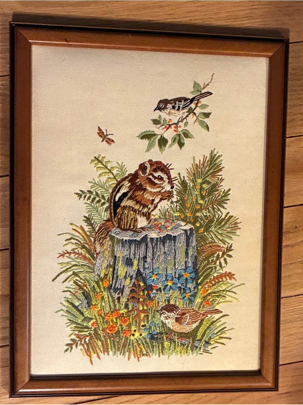 Framed Nature Embroidery Wall Art Vintage Squirrel Birds